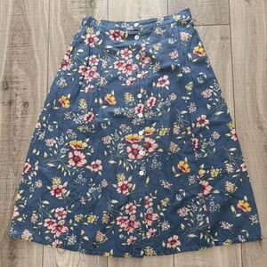 Linen Cotton Blue Floral Button-Front Skirt A-Line – Size L